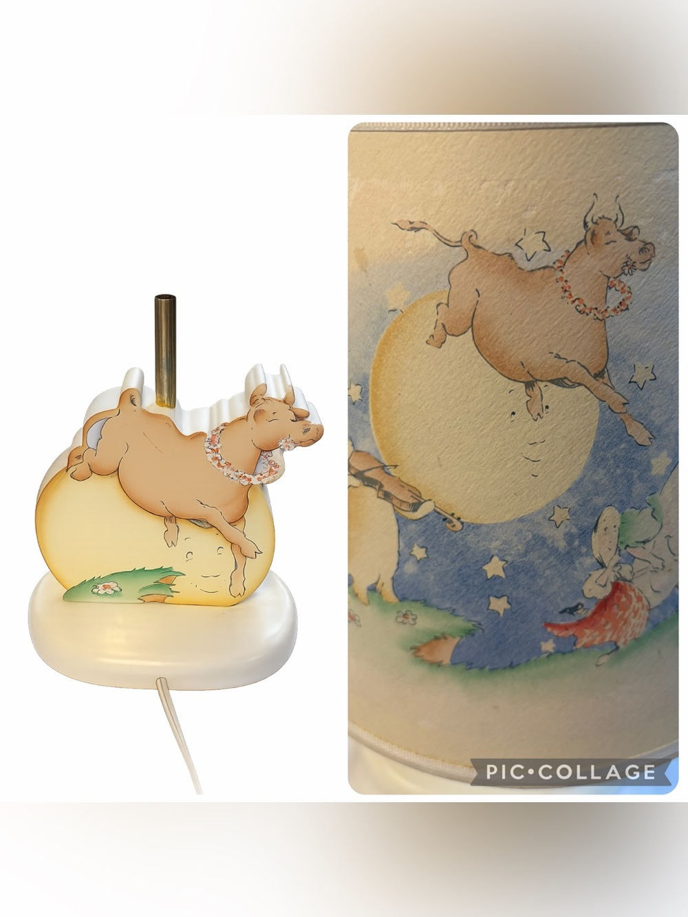 Vintage Laura Ashley Mother & Child Nursery Lamp w/ Original Shade Moon Cow